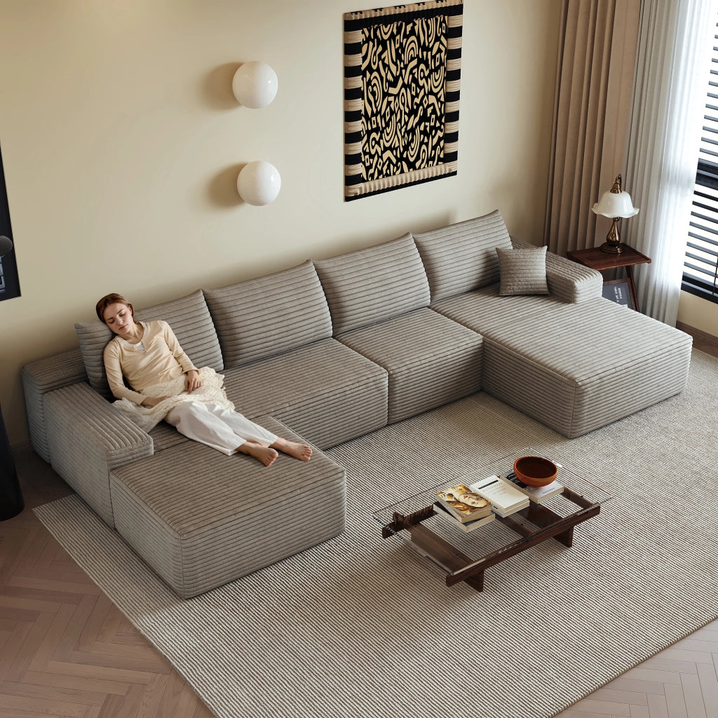 Divano angolare modulare con chaise longue a L in velluto a coste, senza montaggio, schiuma elastica, camel