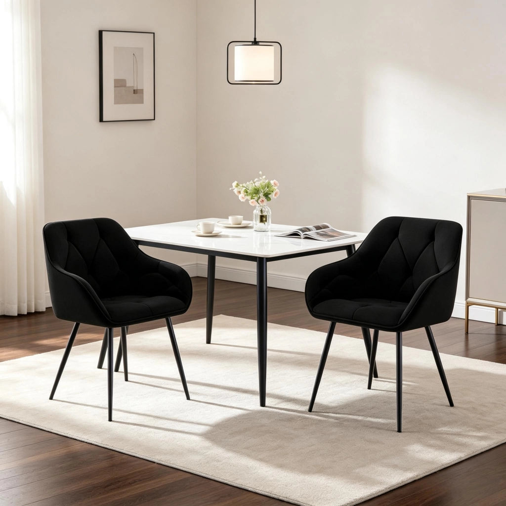 Set di 2 sedie da pranzo imbottite in velluto nero con schienale ergonomico e gambe in metallo