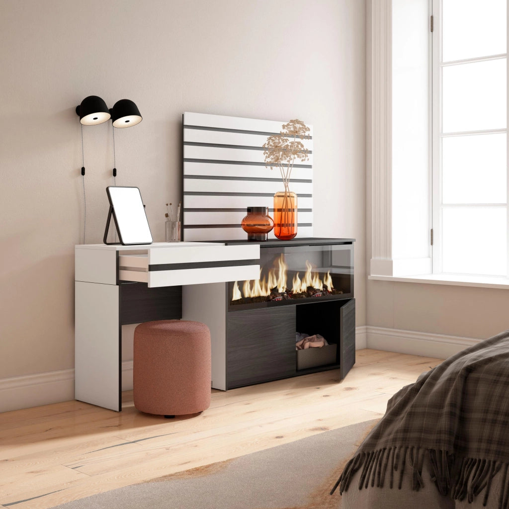 Tavolo da toeletta, 177x35x145cm, Con cassetto, Camino elettrico XXL, Pannelli Decorativi, Bianco RF3459