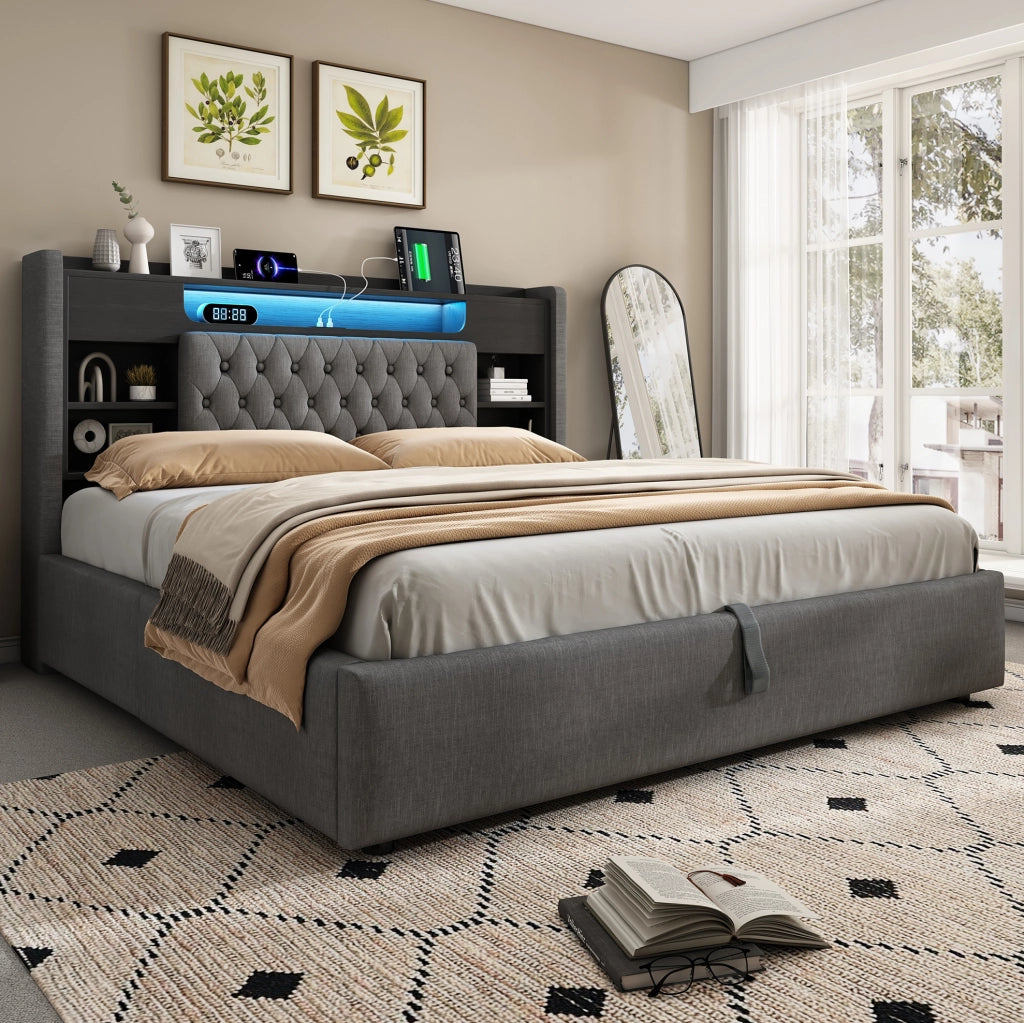 Letto matrimoniale 140x190 cm in tessuto effetto lino grigio con contenitore; LED e porte USB