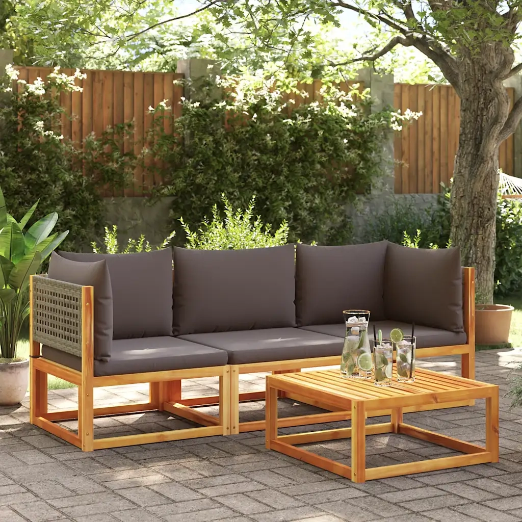 Divano da giardino angolare con cuscini in legno di acacia e rattan 4008172