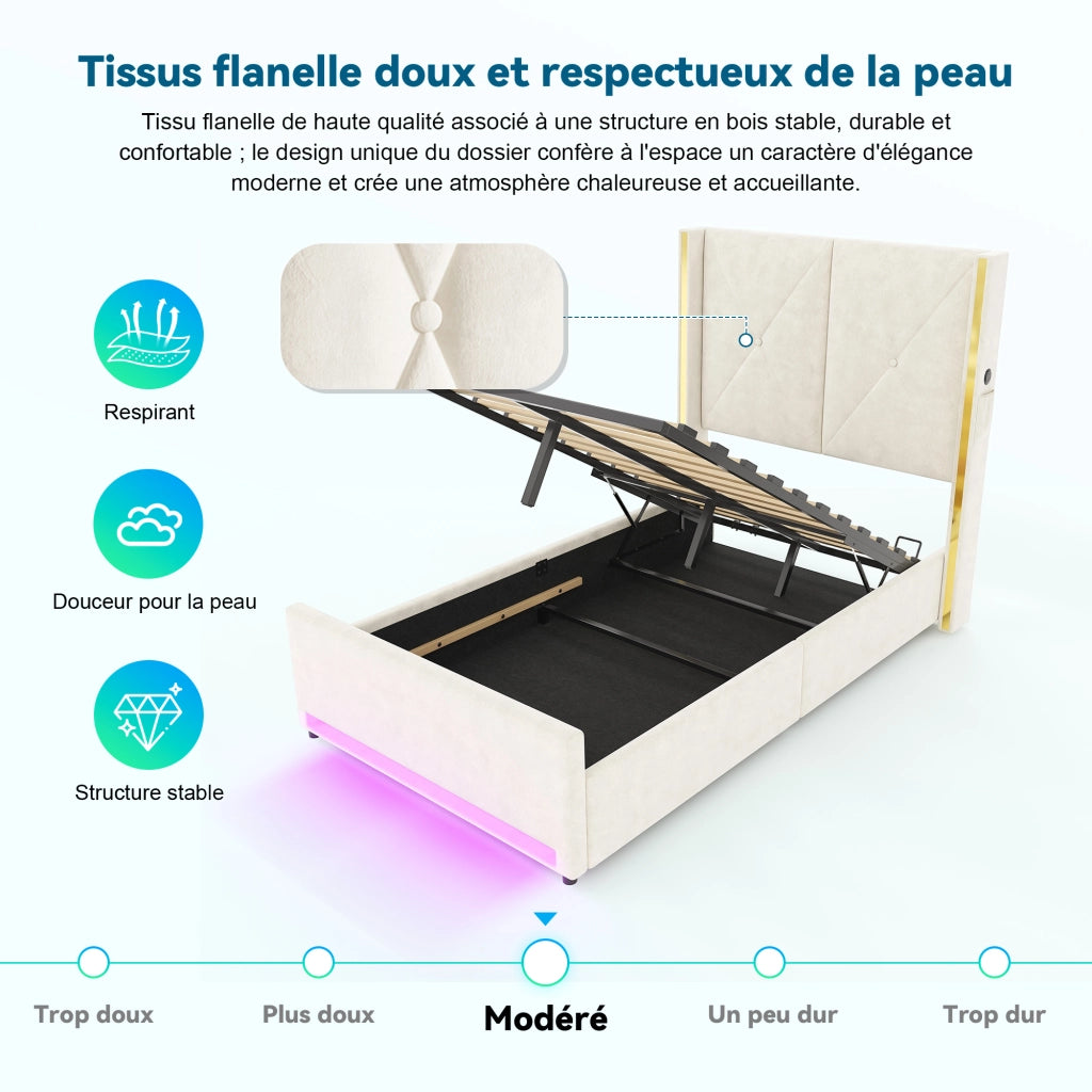 Letto Contenitore Singolo 90x200 cm; USB; Type-C; LED e tasche laterali; Velluto Beige