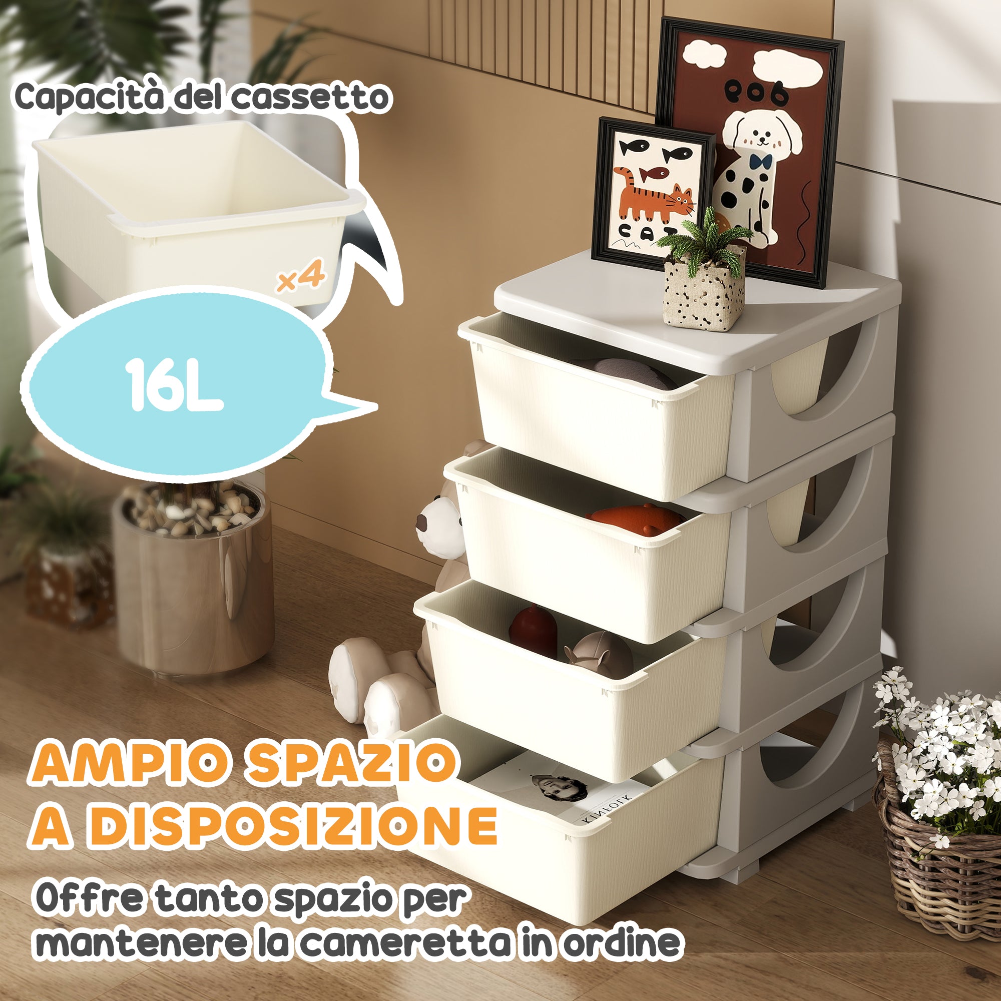 Cassettiera per Cameretta 4 Cassetti 37x37x76 cm in Plastica Crema