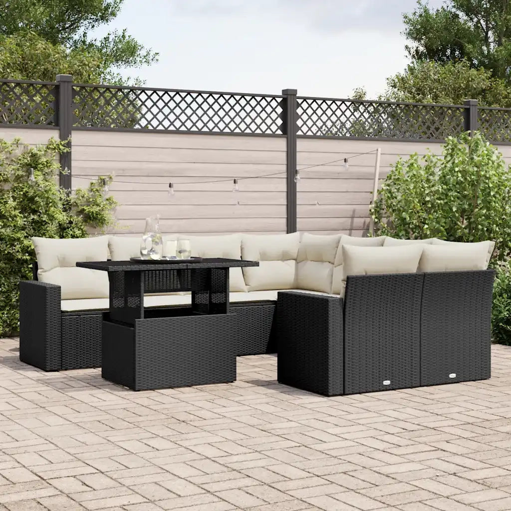 Set Divani da Giardino 9 pz con Cuscini Nero in Polyrattan