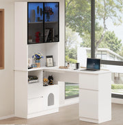 Scrivania ad angolo 120x80x180 cm con vetrina LED; in MDF bianco