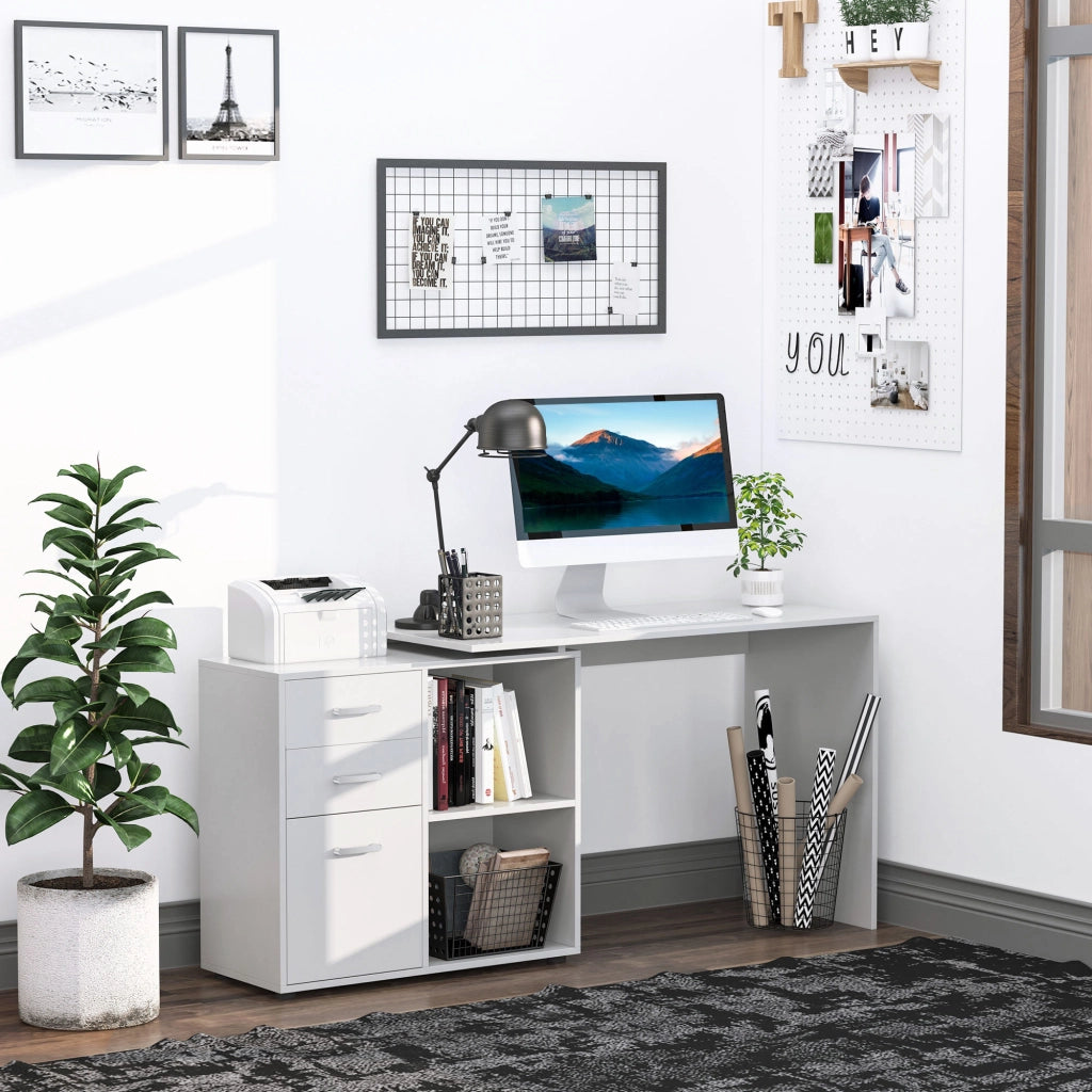 EasyComfort Scrivania Angolare per PC con 2 Cassetti e Ripiani Aperti, Scrivania ad Angolo Forma a L in Legno e Metallo, 117x83.5x76 cm, Bianco