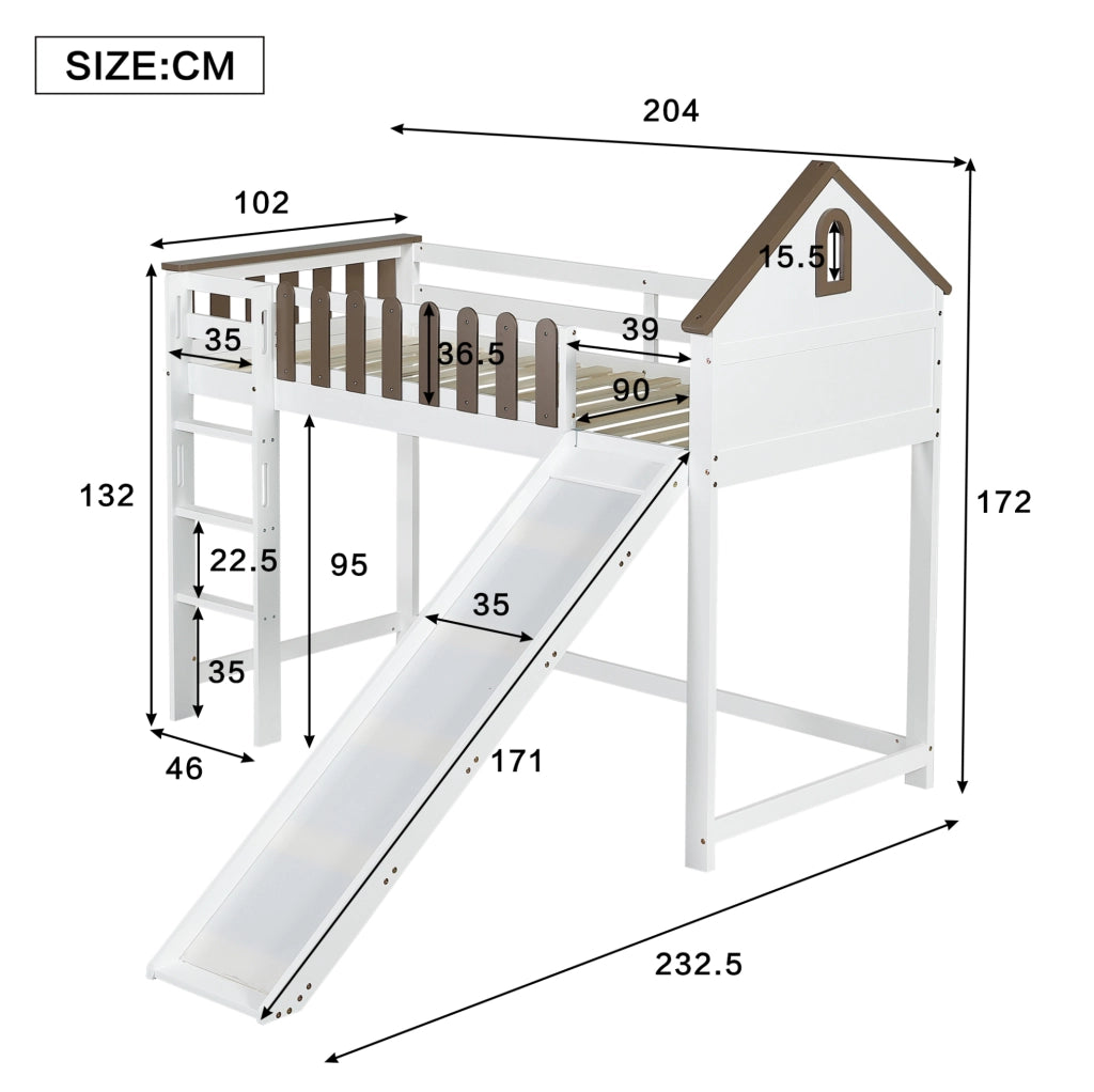 Letto a soppalco 90x200 cm con scivolo e scala dritta in legno e MDF bianco noce
