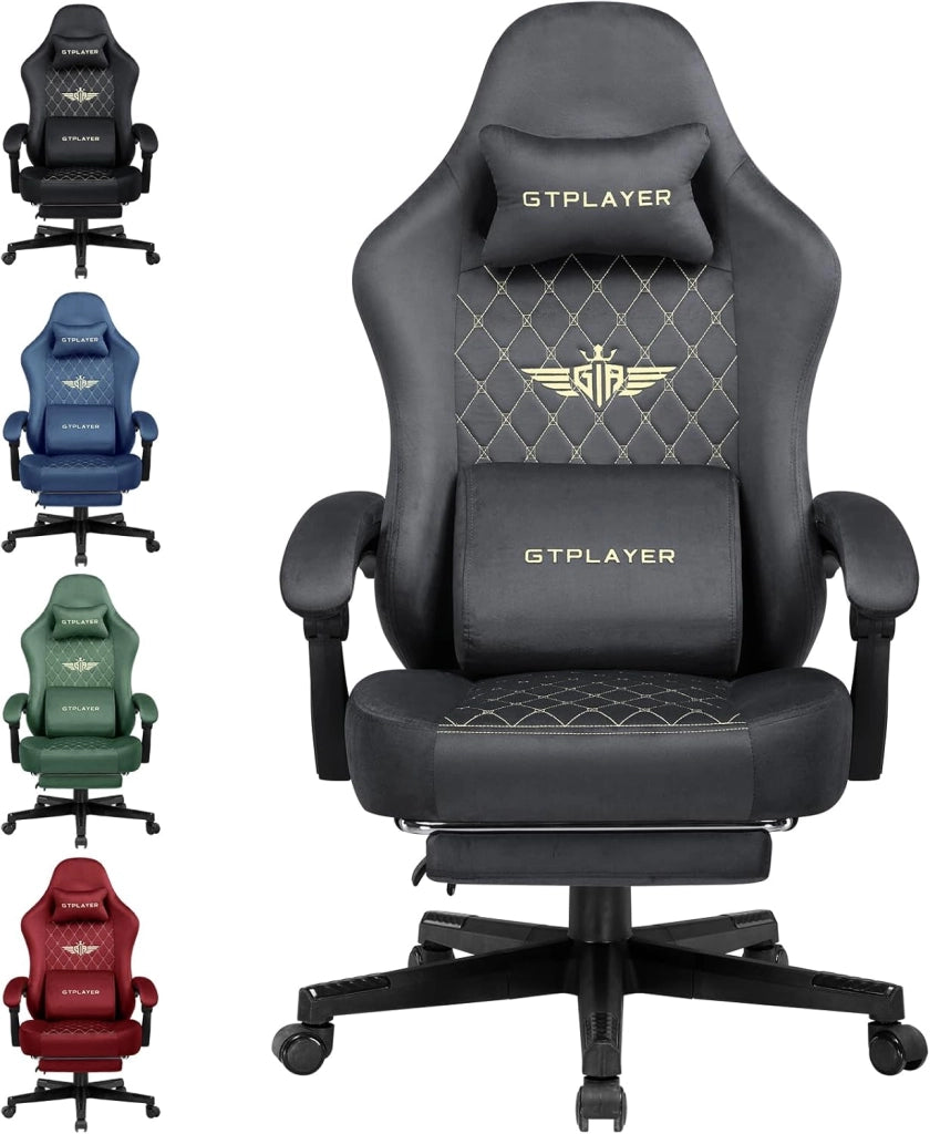 Sedia da gaming, in tessuto, ergonomica, per ufficio, in PC, portata 150 kg, regolabile e girevole, con cuscino a molla e poggiapiedi, grigio