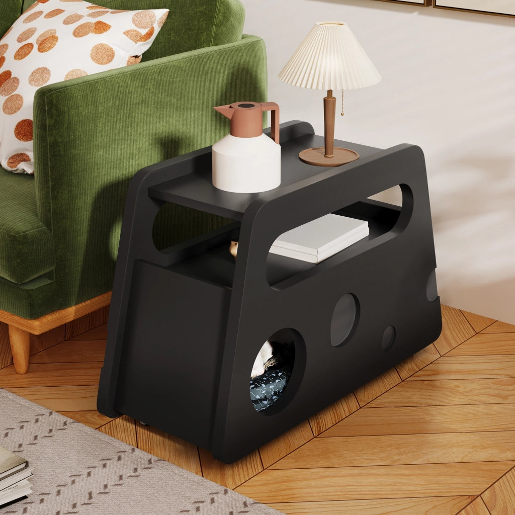 Carrello Comodino ¨C MINIMAL ¨C Nero, Rotondo, con Ruote, 81x33x51,5 cm