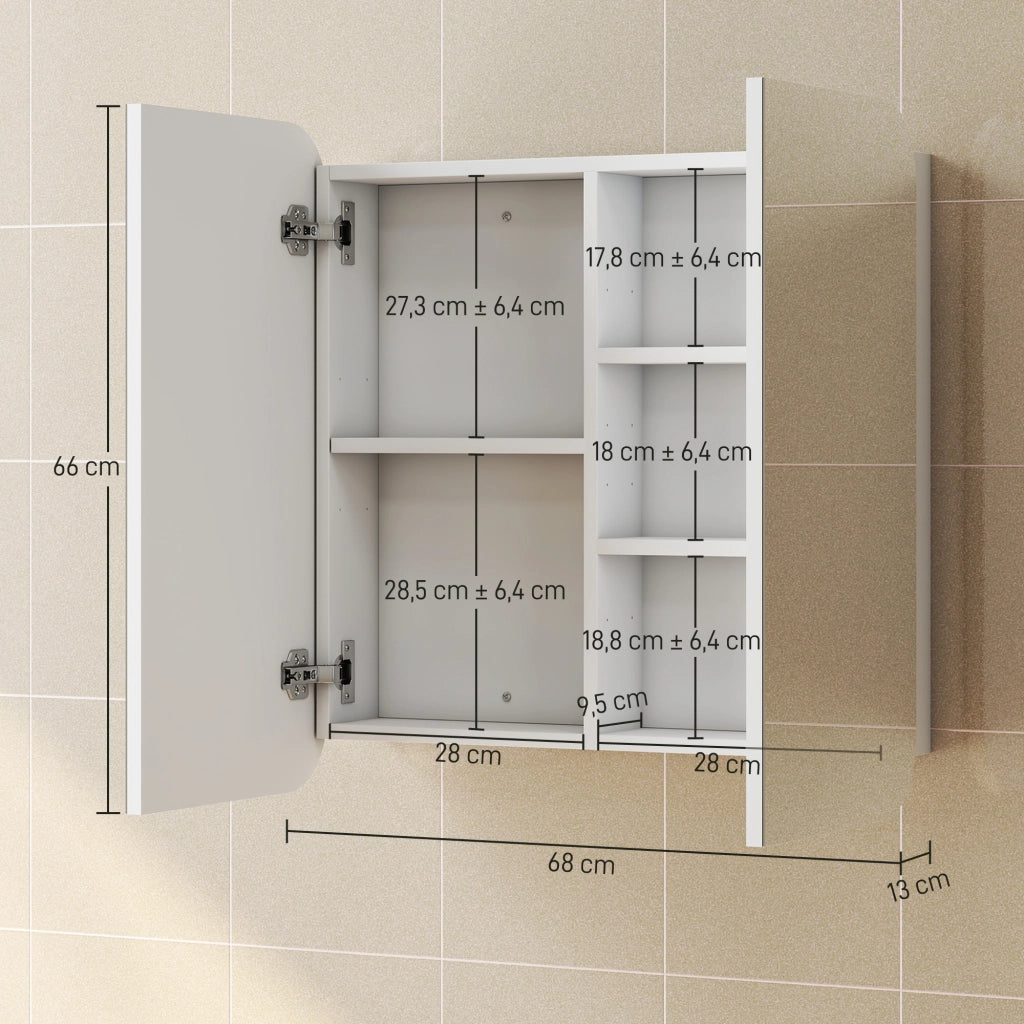 Armadietto Bagno con Specchio e Ante Curve 2 Porte Ripiani Regolabili ¨C zephmum ¨C Bianco 68x13x66 cm
