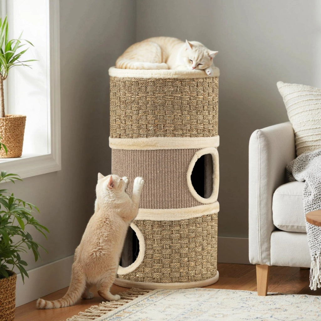 Condominio per gatti a 3 piani con tappetino tiragraffi in sisal, Casa da gioco moderna per gatti da interno-Alberi Tiragraffi