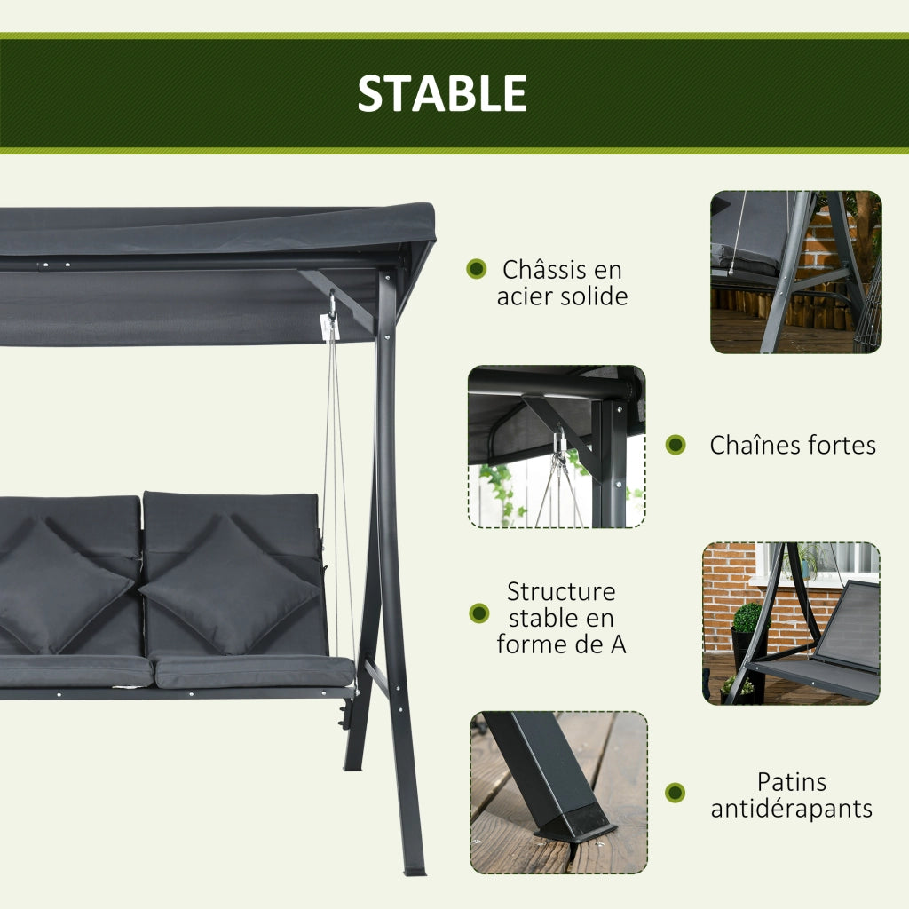 Balancelle Giardino 3 Posti ¨C Zephmum ¨C Grigio Scuro Acciaio Polyester