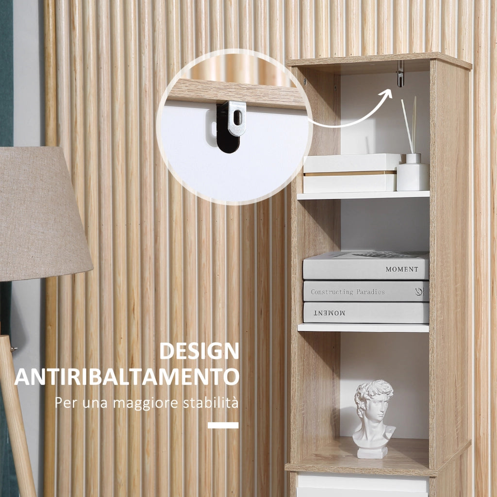 Mobile Bagno a Colonna con Ripiani, Armadietto e Cassetto ¨C zephmum ¨C Bianco, Legno, 32.6x30x171.2cm