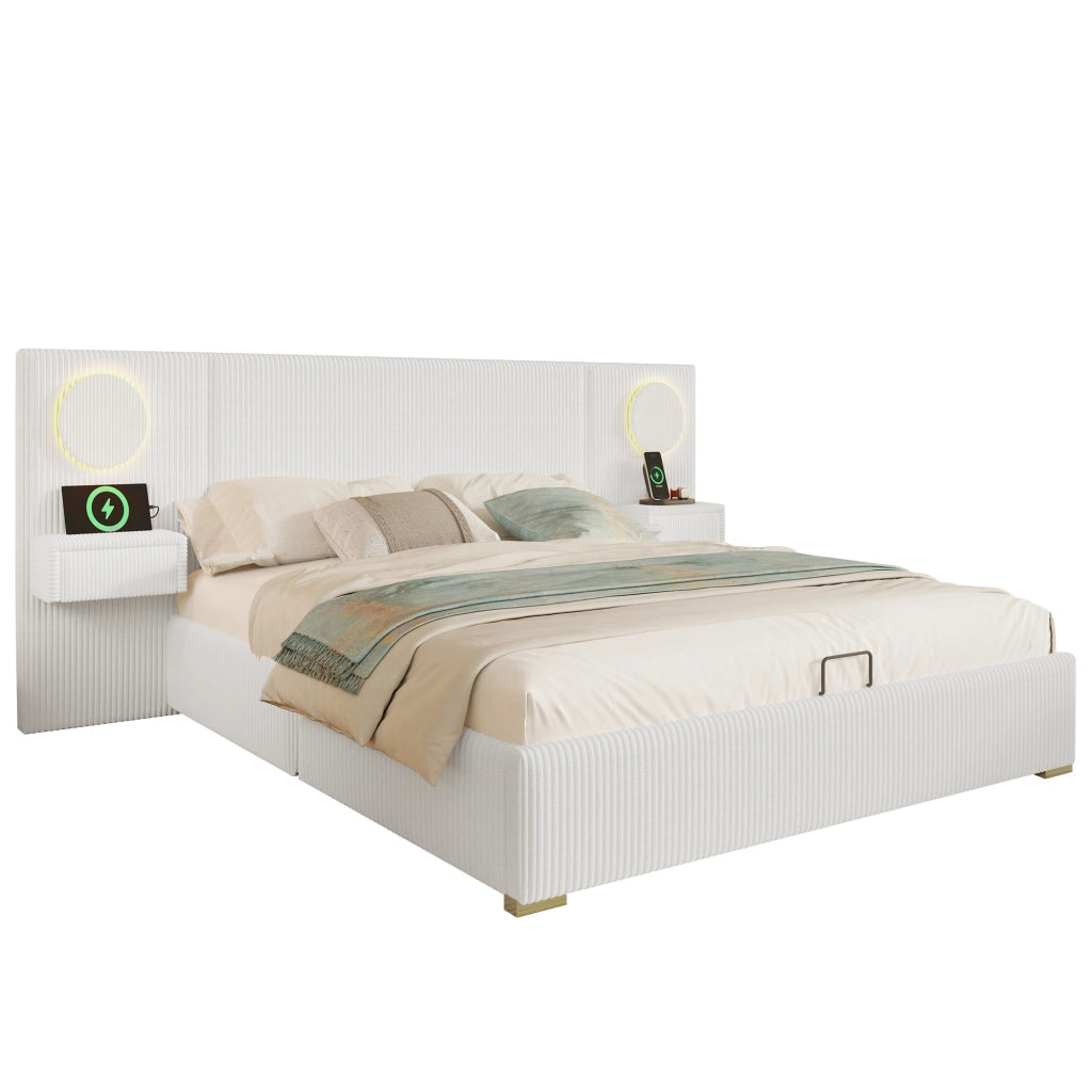 Letto Contenitore 180x200 cm Letto Matrimoniale; USB; LED e contenitore in Velluto Beige