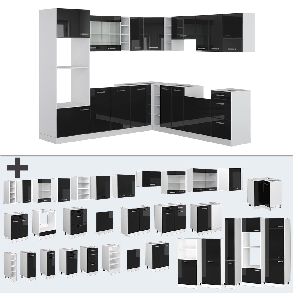 Vicco Cucina angolare completa Nero lucido/bianco 237 x 247 cm , PL Rovere