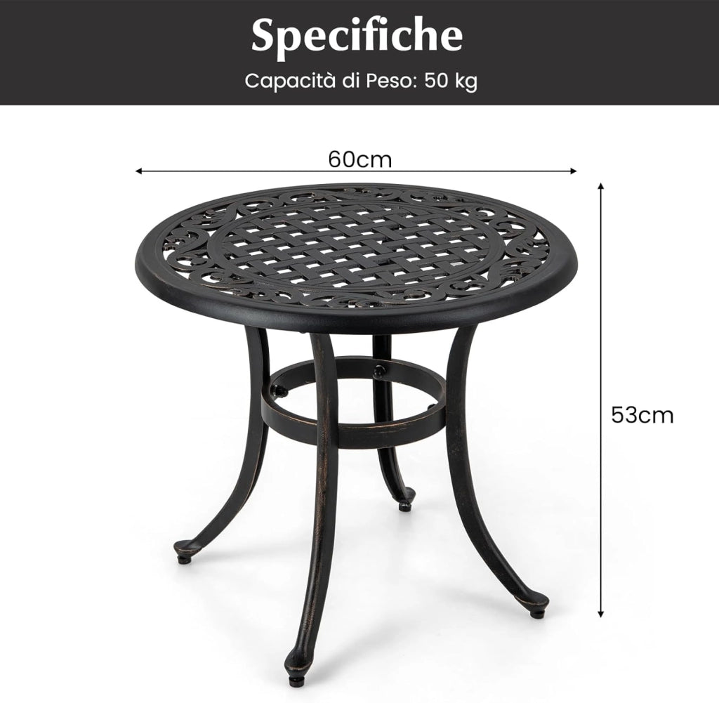 Tavolino da Giardino da 60 cm, Tavolino da Esterno in Alluminio Pressofuso con Piedini Regolabili, Tavolino in Metallo per Piscina, Terrazzo, Balcone, Porta 50 kg, 60 x 53 cm (Marrone Antico)