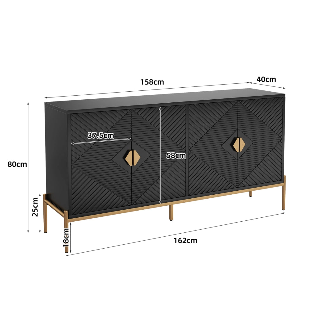 Credenza 4 ante 162x40x80 cm in MDF e truciolare con gambe in metallo; nera