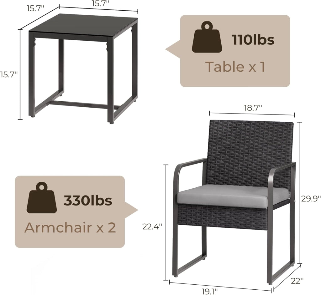 Set Giardino in Rattan per 2 Persone, Mobili da Esterno in Vimini con Cuscini, Tavolino e 2 Sedie per Terrazza, Balcone, Giardino o Piscina (grigio)