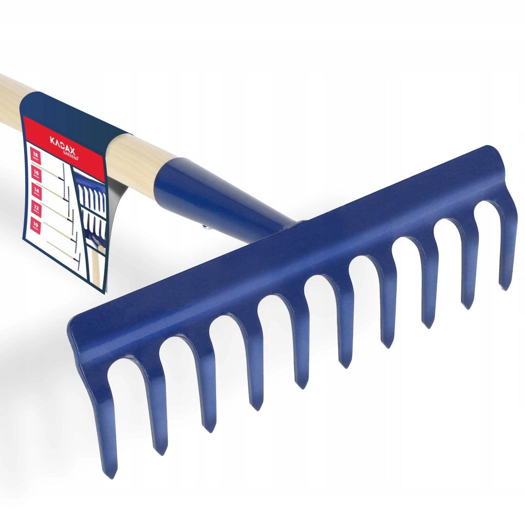 Rastrello da giardino KADAX con manico in legno, 135 cm, in acciaio temprato, a 10 denti