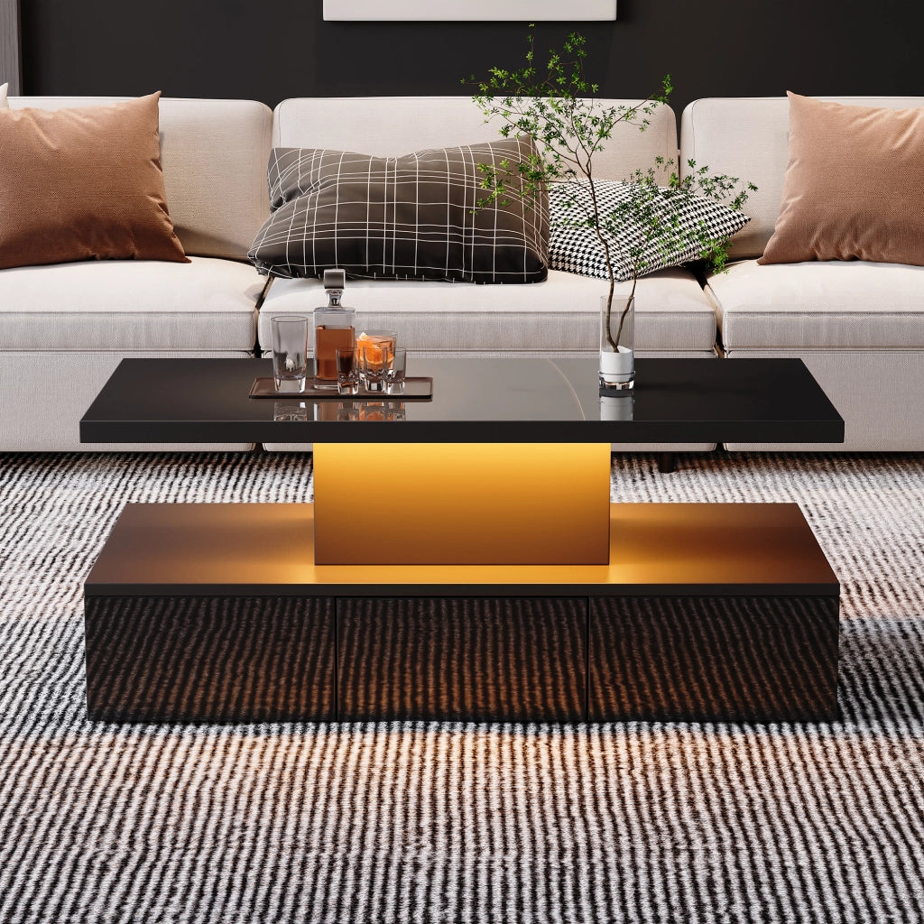 Tavolino da caffè con 1 cassetto; LED e ripiano aperto per soggiorno; nero 100x50x39 cm