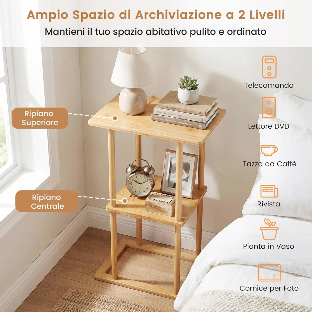 2 Tavolini Laterali da Salotto, Tavolino Rettangolare con Mensole Portaoggetti e Struttura in Bamboo, Tavolino Salvaspazio per Soggiorno, Camera da Letto e Ufficio