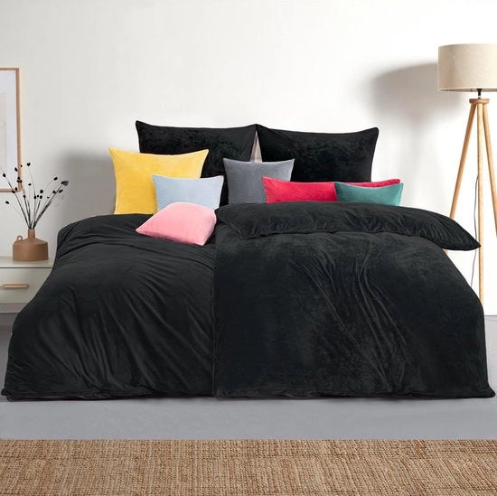 Coperta in flanella per letto invernale - 135 x 200 cm - 4 pezzi - nero - coperta morbida e calda - set di 2 + coperta per cuscino 80 x 80 cm con chiusura a raccordo