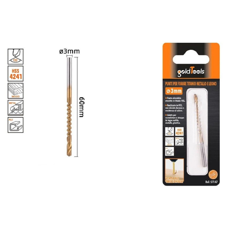 Trade Shop - Punta Trapano Elicoidale ø 3mmx60mm In Titanio Hss 4241 Per Metallo Legno 57147 -