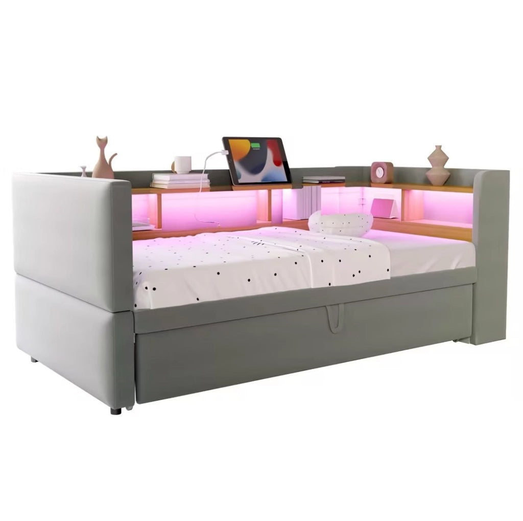 Divano letto 90/180 x 190 cm; con vani portaoggetti; Flanella; Grigio chiaro