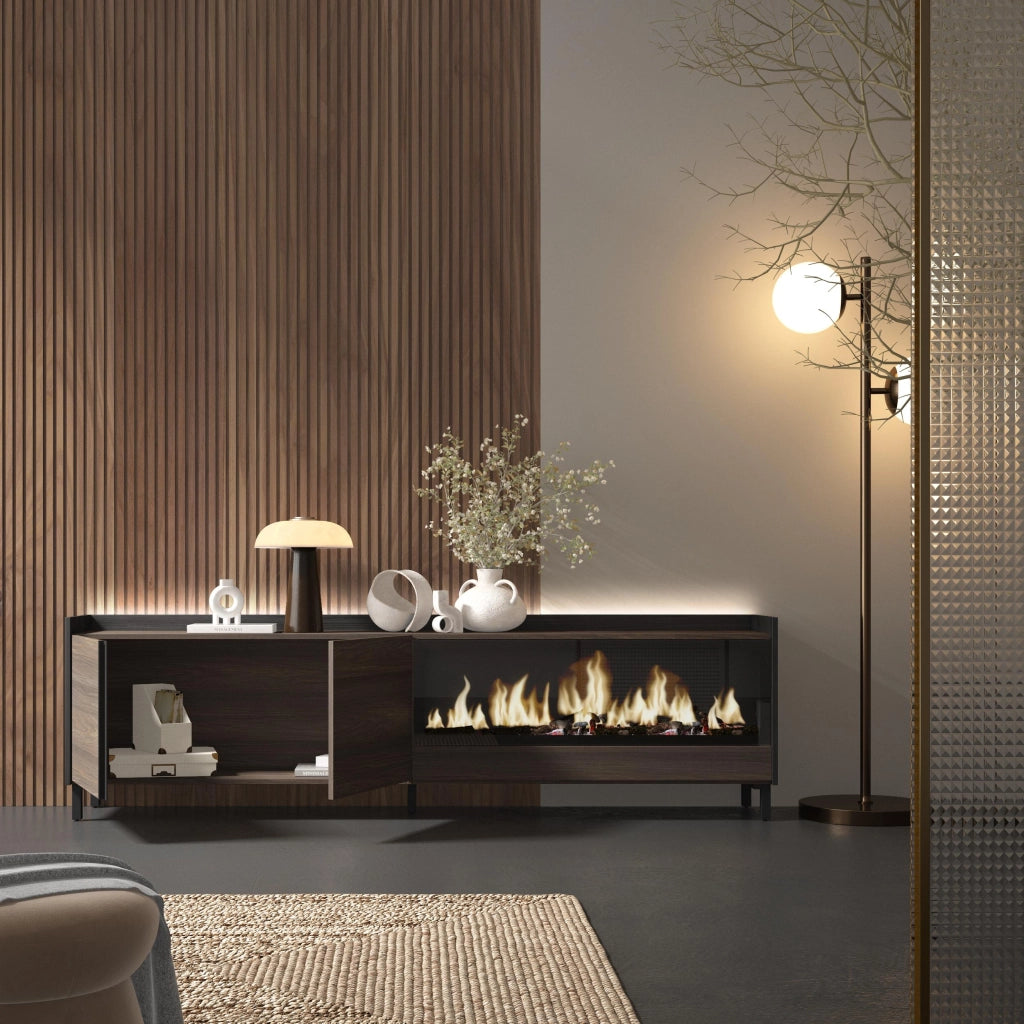 Mobile TV Soggiorno, 212x61x35 cm, Per TV fino a 80", Camino elettrico XXL, Design industriale, LED, Rovere scuro e Nero