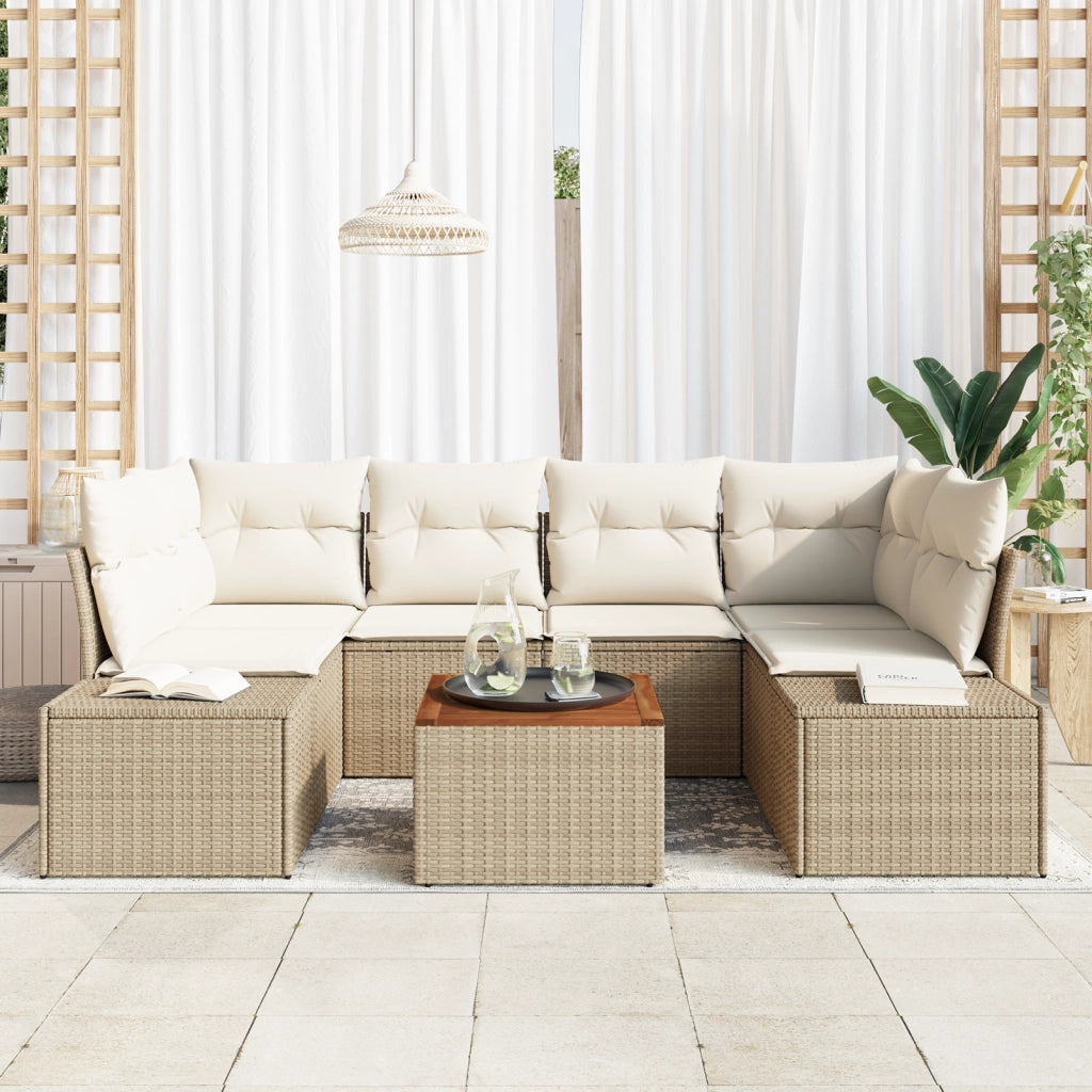 Set di divani da giardino 7 pezzi con cuscini beige in polyrattan e acacia