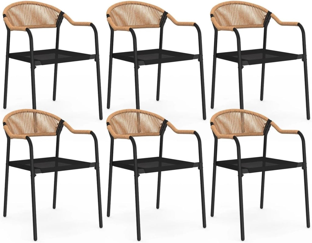 Set di 6 sedie da giardino Madeira in metallo, corda e textilene nero e rattan chiaro