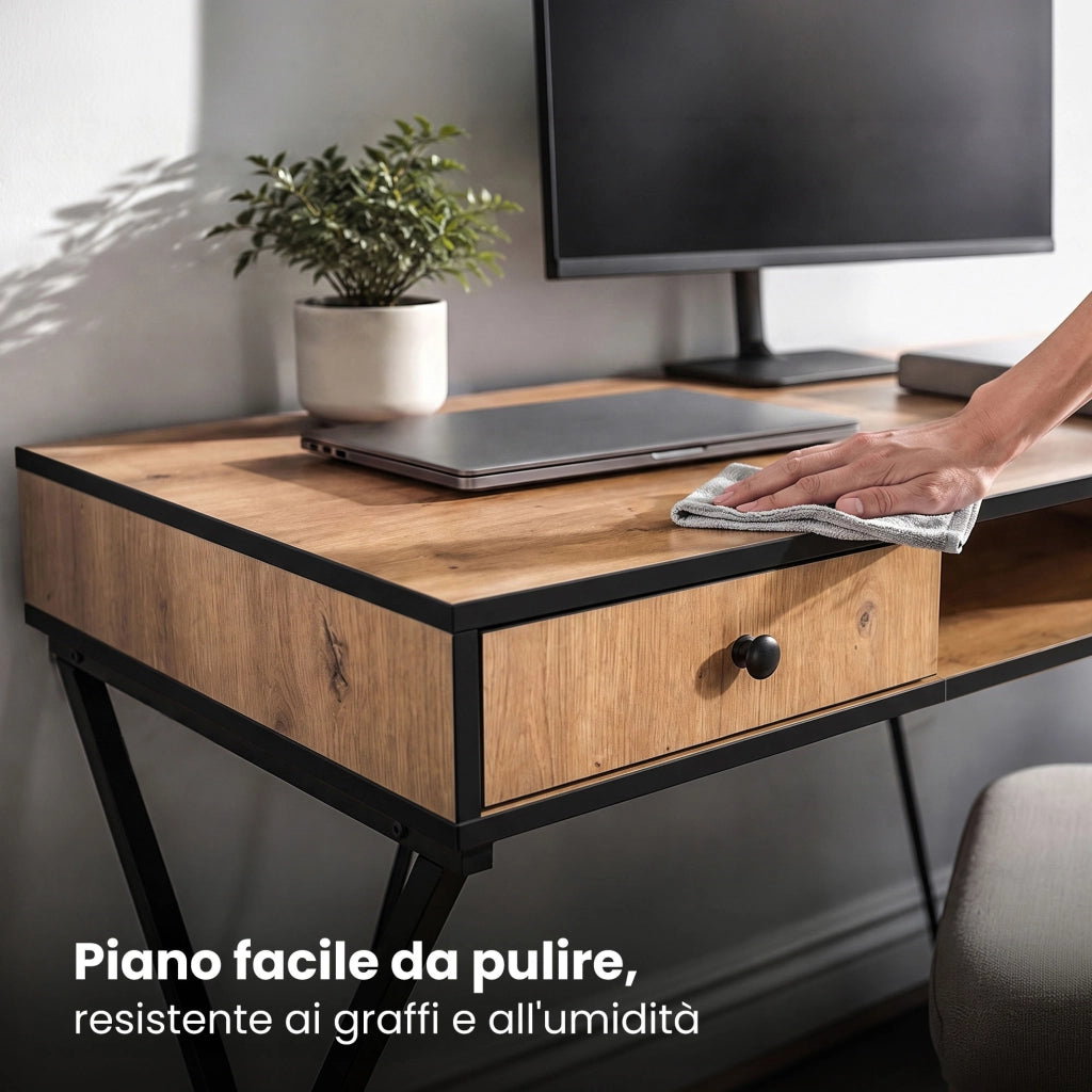 Scrivania PC industriale Rovere Craft CROSSLINE 120 cm 2 cassetti 1 ripiano gambe nere
