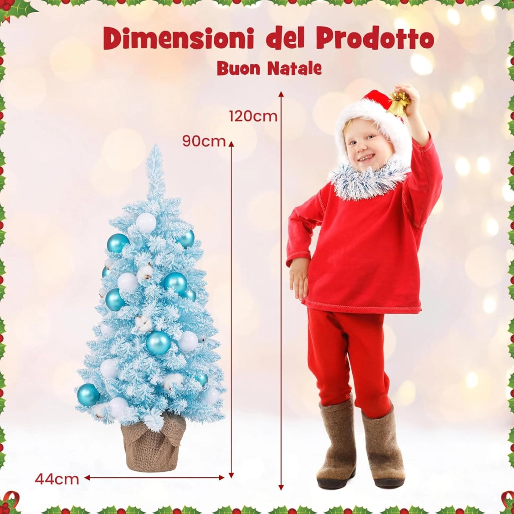 Albero di Natale Artificiale Mini 90 cm, Albero di Natale Innevato da Tavolo con 12 Palline di Cotone Naturale, 24 Palline Decorative e Rami Imbiancati, Decorazione per Feste (Celeste)