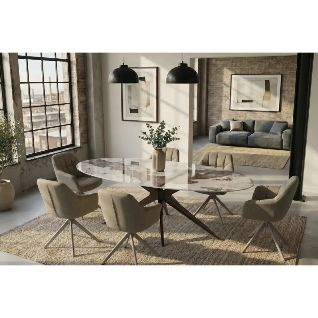 Tavolo da pranzo AVELIS ovale 220 cm in ceramica effetto marmo bianco e metallo bronzo