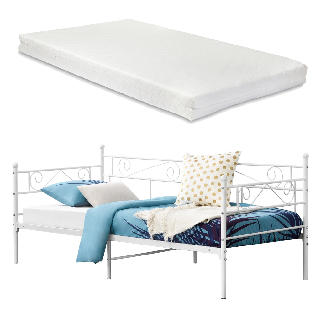 Divano Kerava in Acciaio Letto Singolo con Materasso a Schiuma Fredda 90 x 200 cm - Bianco [en.casa]