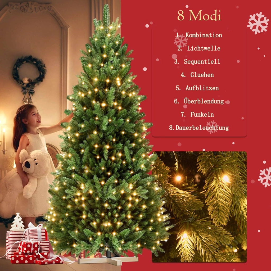Albero di Natale Artificiale con Illuminazione 150 cm in PVC/PE Abete di Natale con Base in Legno Alberi di Natale Christmas Tree Decorazione Natalizia