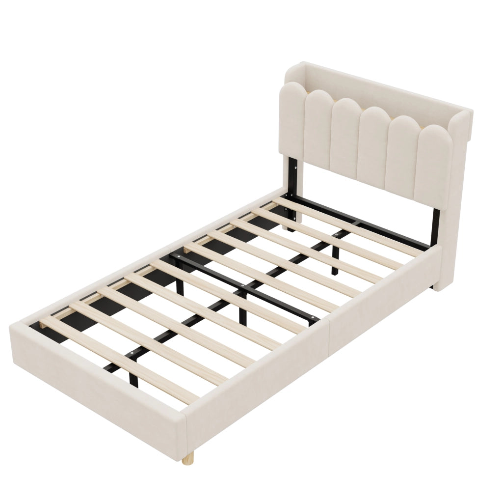 Letto singolo imbottito ULEVR 90x200 cm con rete a doghe, USB e Type-C, luce notturna, beige