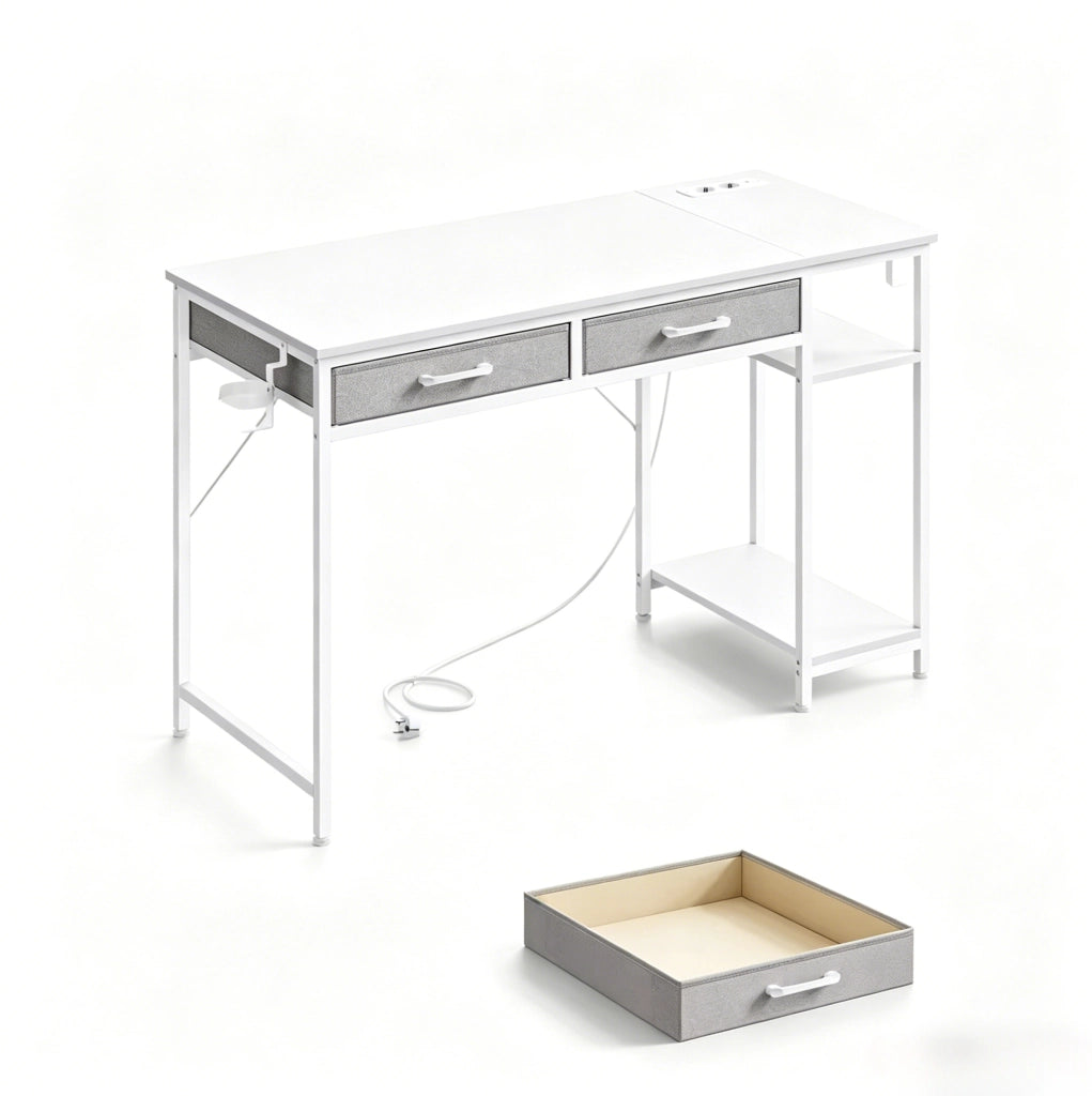 Scrivania 120x51 cm bianca – 2 cassetti, ripiano laterale e presa integrata