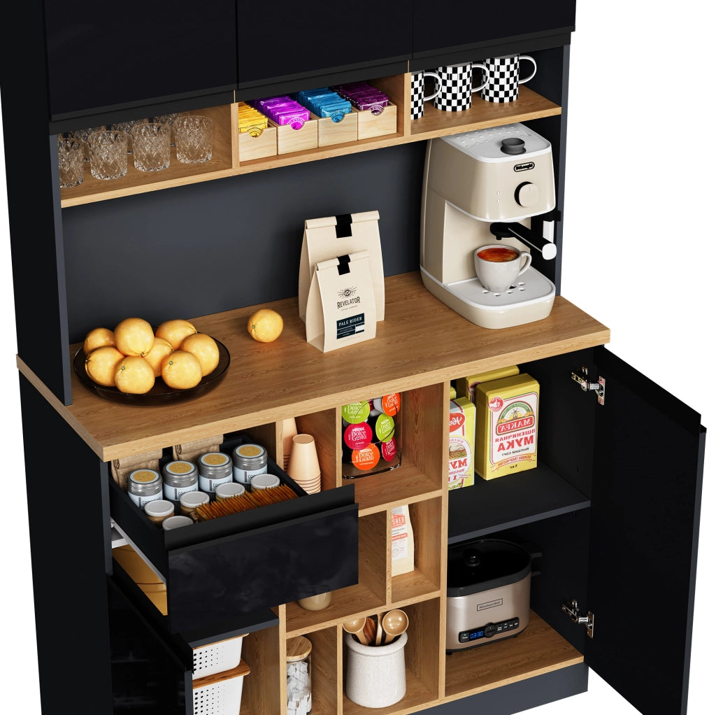 Credenza alta da cucina 105x45x185 cm in MDF antracite e nero lucido con ante e cassetto