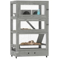 Gabbia per criceti in legno a quattro piani, con casa, altalena, ciotole per il mangime, rampe, ruote, 65 x 45 x 109 cm, Grigio