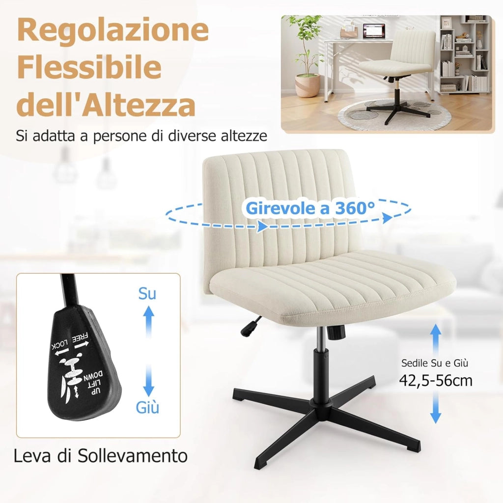 Sedia Ufficio Senza Ruote, Sedia da Scrivania con Sedile Imbottito, con Funzione a Dondolo 100°-120°, Girevole 360°, Altezza Regolabile, Sedia Ergonomica Portata 150 kg (Beige)
