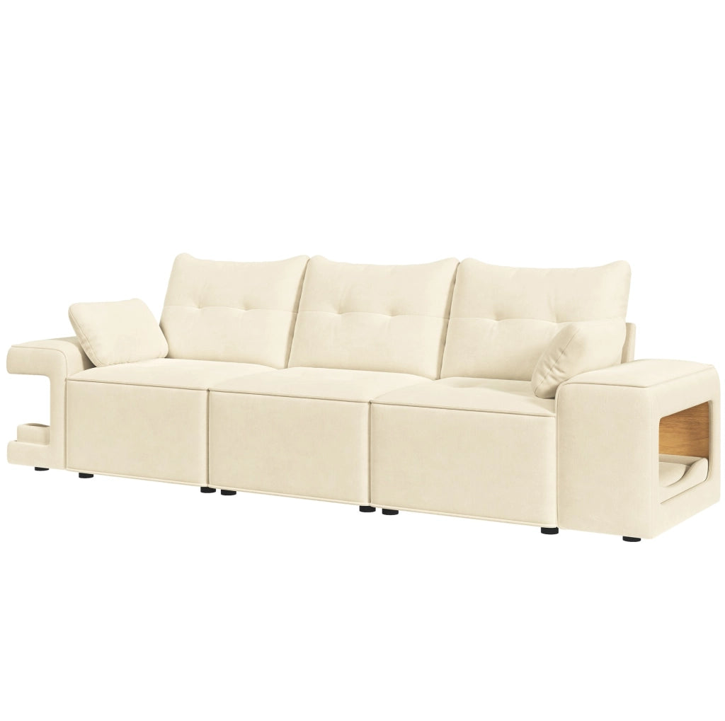 Divano modulare a 3 posti in velluto beige con contenitore; 229;5 cm; con 2 cuscini
