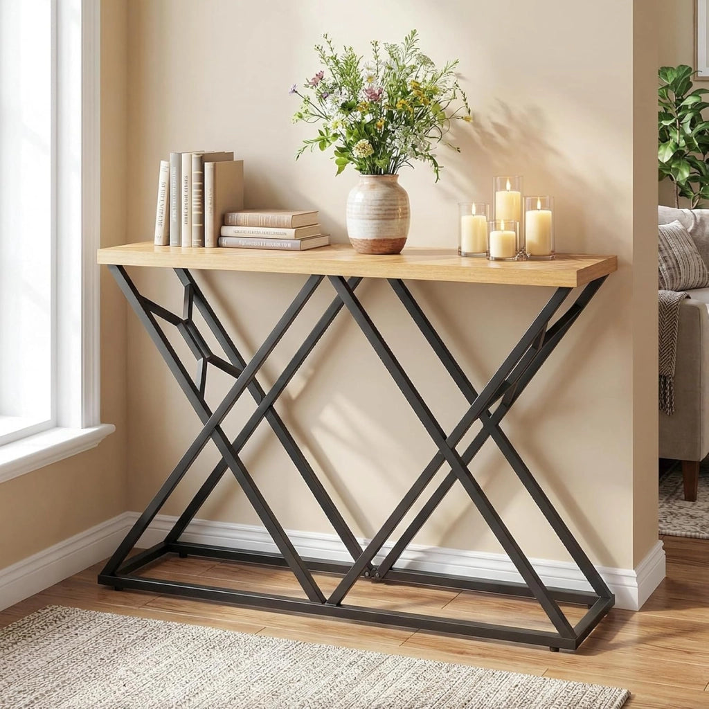 Tavolo Consolle 140 cm, Tavolo Divano con Struttura in Metallo Solido e Spazio di Stoccaggio, Tavolino Stretto in Industriale per Soggiorno, Camera da Letto, Entrata e Corridoio