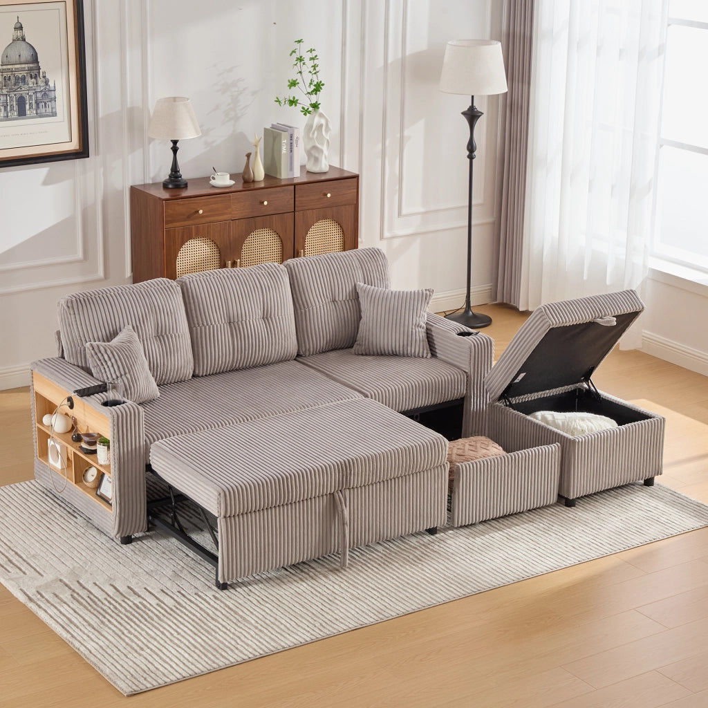 Divano letto con contenitore estraibile con USB-C e LED in velluto a coste grigio chiaro 196 × 82 × 85 cm