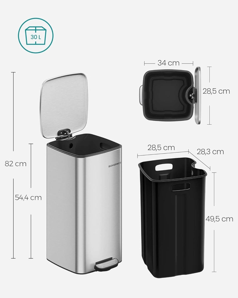SONGMICS Pattumiera da Cucina, Cestino da 30 L, Cestino a Pedale in Acciaio, con Secchio Interno, Chiusura Morbida e Resta Aperto, Argento Metallizzato LTB593E01