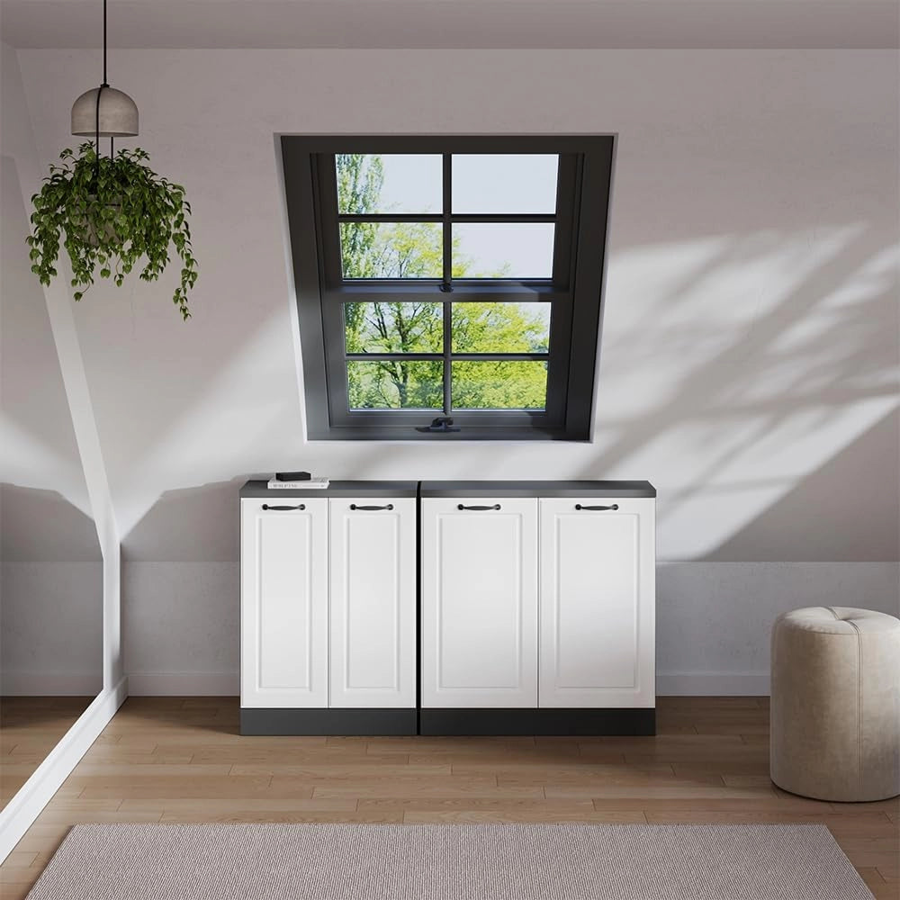 Set di mobili sottotetto Rion, Bianco casa di campagna, 140 cm Set di 2 carcasse armadio profondità 60 cm, adatto per il salvaspazio sotto tetti spioventi