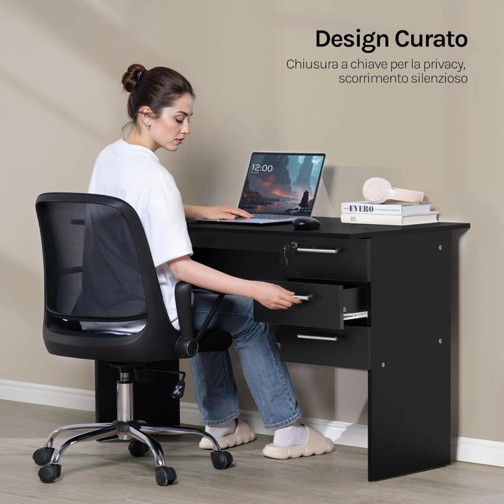 Scrivania con 3 Cassetti, 120x60 cm, Tavolo da Lavoro, Scrivania per Computer, Porta PC in Legno, Nero