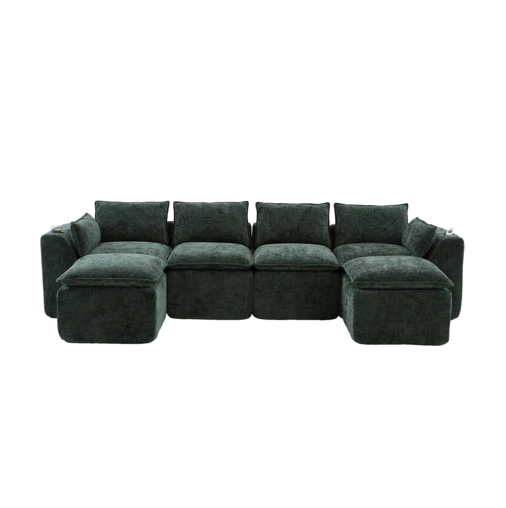 Divano modulare in ciniglia verde 322x161 cm con pouf HAVRYA