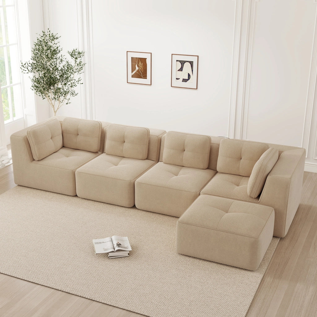 Divano angolare modulare 386x177x69 cm in tessuto a coste beige; seduta profonda