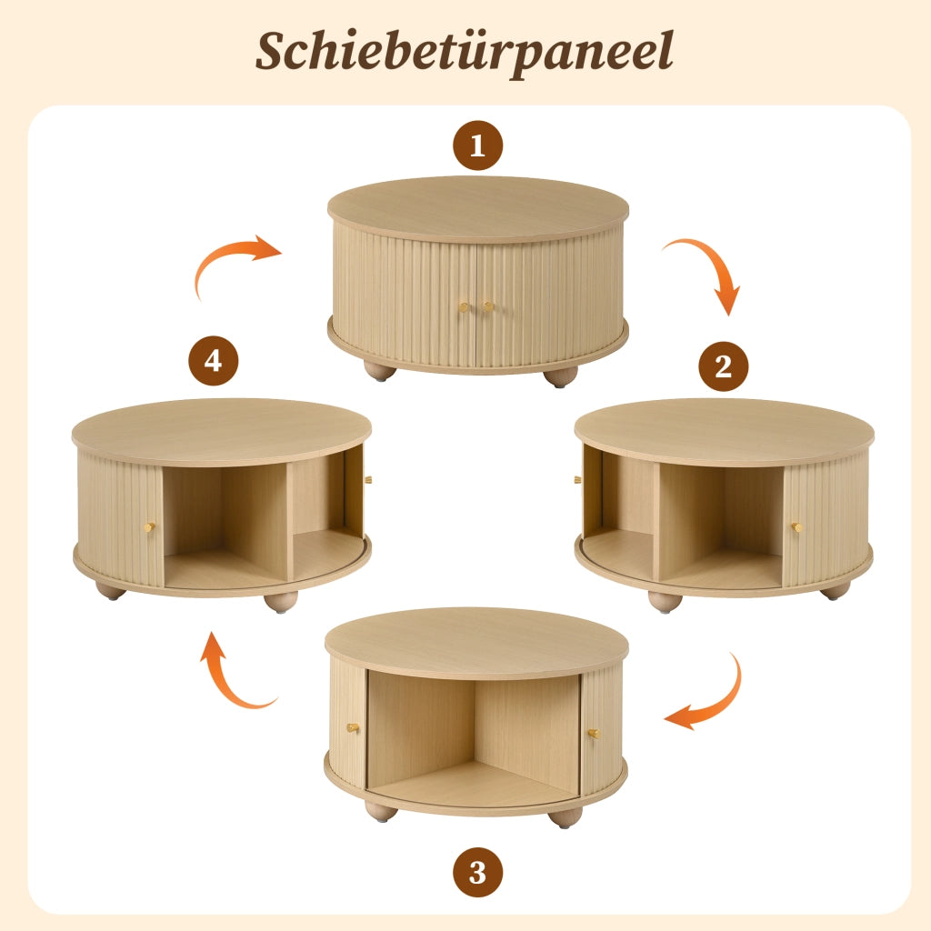 Tavolino da salotto rotondo 72x72x38 cm in MDF naturale con ante scorrevoli